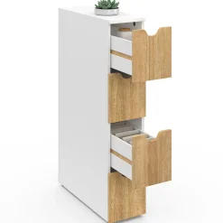 Tour de rangement 4 tiroirs WILO sur roulettes colonne gain de place blanc et façon hêtre