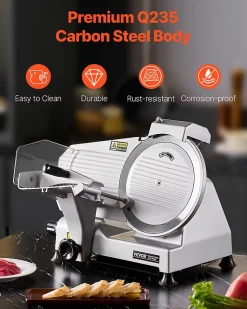 Trancheuse à viande commerciale 180W, lame 65 Mn, épaisseur réglable 0-10 mm.