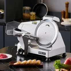 Trancheuse à viande commerciale 180W, lame 65 Mn, épaisseur réglable 0-10 mm.
