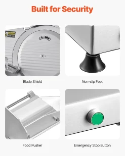 Trancheuse à viande commerciale 180W, lame 65 Mn, épaisseur réglable 0-10 mm.