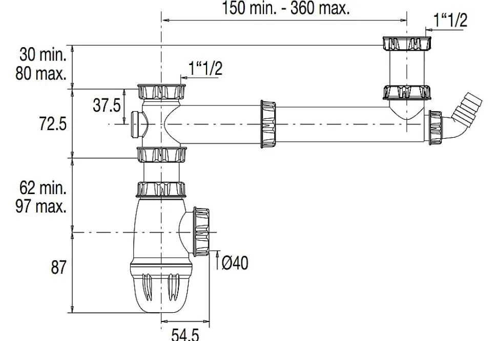 Tubulure pour évier 2 cuves entraxe 160 à 360mm avec prise MAL et siphon - VALENTIN - 00 778100 001 00