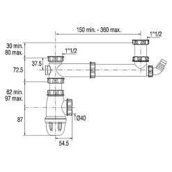 Tubulure pour évier 2 cuves entraxe 160 à 360mm avec prise MAL et siphon - VALENTIN - 00 778100 001 00