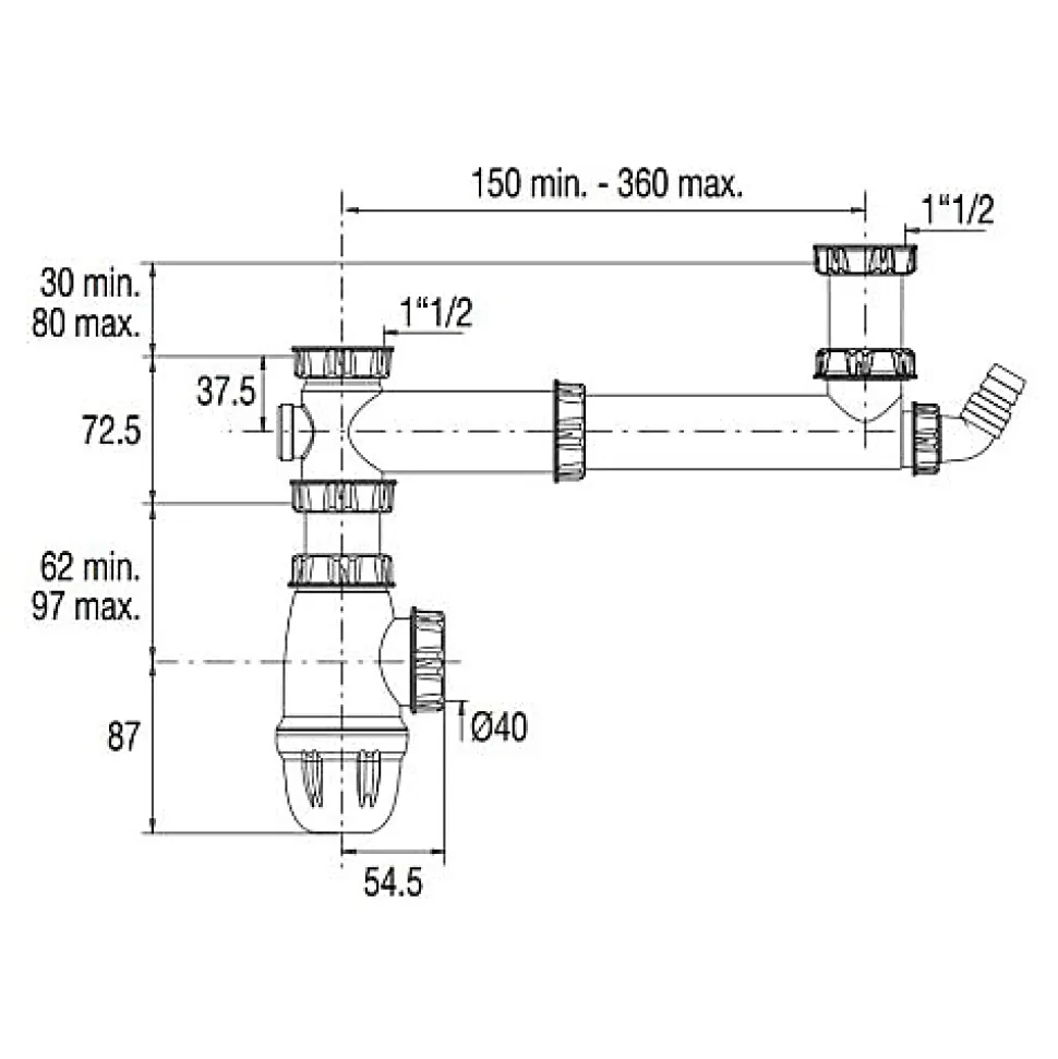 Tubulure pour évier 2 cuves entraxe 160 à 360mm avec prise MAL et siphon - VALENTIN - 00 778100 001 00