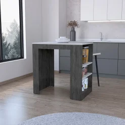 TUHOME Îlot de Cuisine Harlan, Surface à Hauteur de Comptoir avec 3 Étagères Latérales, Chêne Fumé / Marbre Ibiza