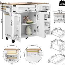 URBAN MEUBLE Desserte de cuisine mobile blanche plateau pliant extensible