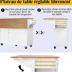 URBAN MEUBLE Desserte de cuisine mobile blanche plateau pliant extensible