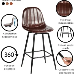 URBAN MEUBLE Lot de 2 tabourets de bar pivotants en PU marron capitonnée style vintage 67Hcm