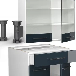 Vicco Armoires de cuisine bleu foncé brillant/blanc 140cm , PT Chêne