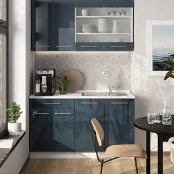 Vicco Armoires de cuisine bleu foncé brillant/blanc 140cm , PT Chêne