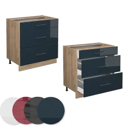 Vicco Armoires de cuisine Bleu foncé brillant 80cm avec 3 tiroirs, sans PT