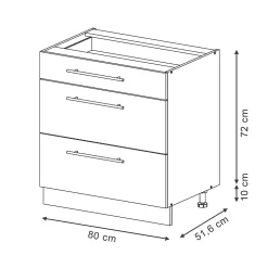 Vicco Armoires de cuisine Bleu foncé brillant 80cm avec 3 tiroirs, sans PT