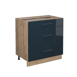 Vicco Armoires de cuisine Bleu foncé brillant 80cm avec 3 tiroirs, sans PT