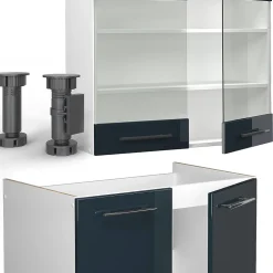Vicco Armoires de cuisine bleu foncé brillant/blanc 200cm , PT Chêne
