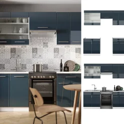 Vicco Armoires de cuisine bleu foncé brillant/blanc 200cm , PT Chêne