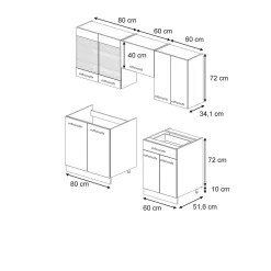 Vicco Armoires de cuisine bleu foncé brillant/blanc 200cm , PT Chêne
