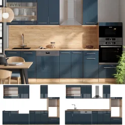 Vicco Armoires de cuisine bleu foncé brillant/chêne doré 300cm avec armoire haute, sans PT