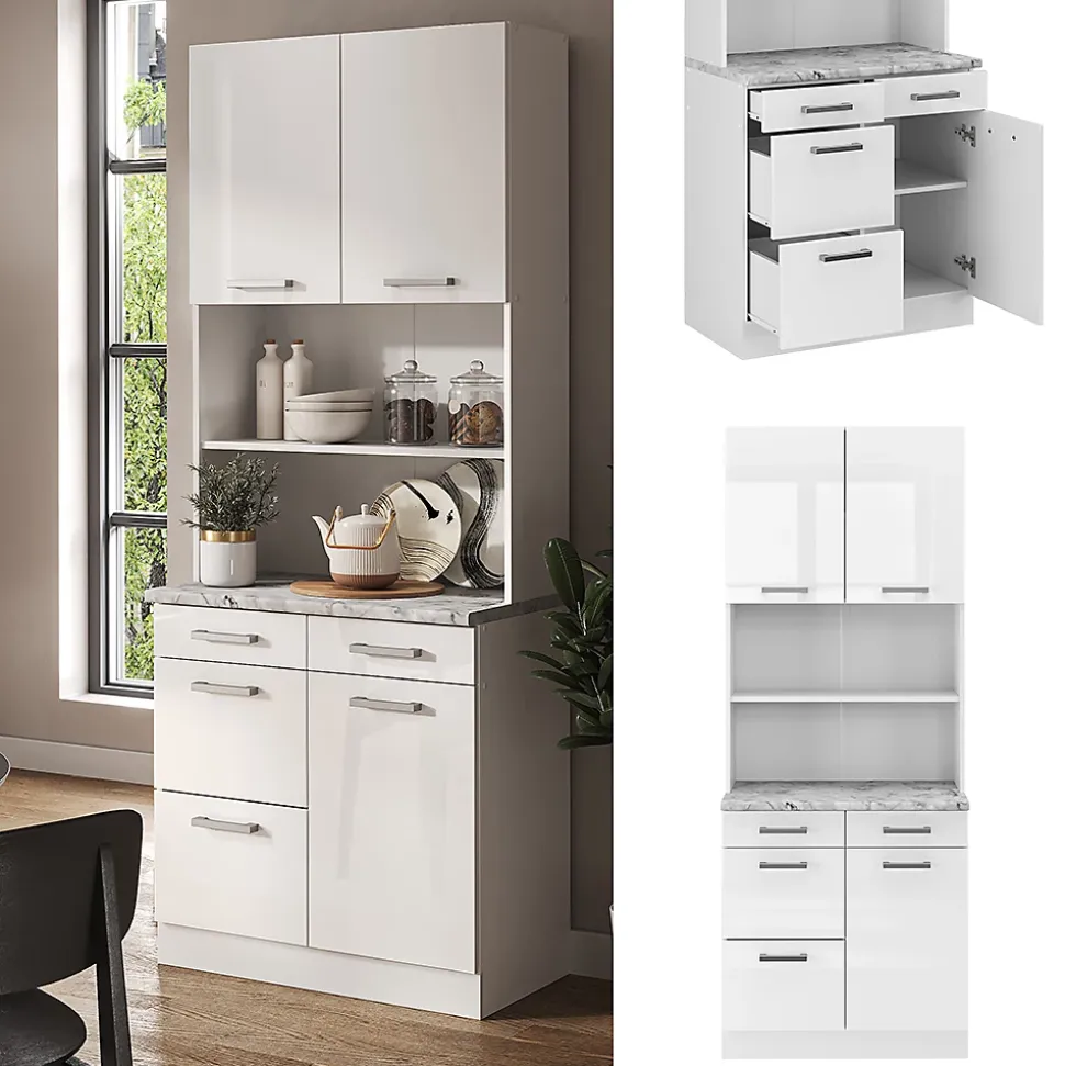 Vicco Bloc cuisine Blanc Haute brillance 80cm , PT Marbre