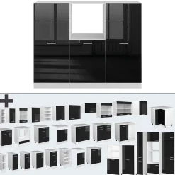 Vicco Bloc de cuisine Noir brillant/Blanc 180cm sans PT