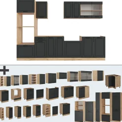 Vicco Cuisine Anthracite Campagne/Chêne doré 300cm avec armoire haute, PT Chêne