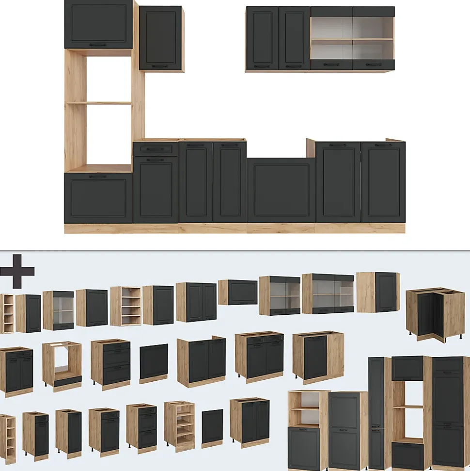 Vicco Cuisine Anthracite Campagne/Chêne doré 300cm avec armoire haute, PT Chêne