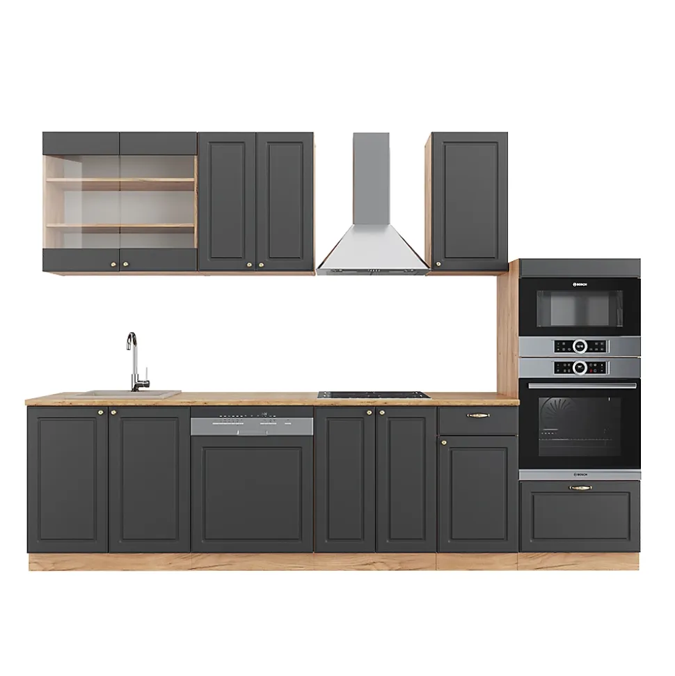 Vicco Cuisine Anthracite Campagne/Chêne doré 300cm avec armoire haute, PT Chêne