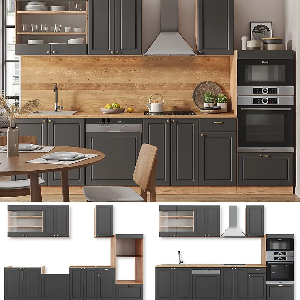 Vicco Cuisine Anthracite Campagne/Chêne doré 300cm avec armoire haute, PT Chêne