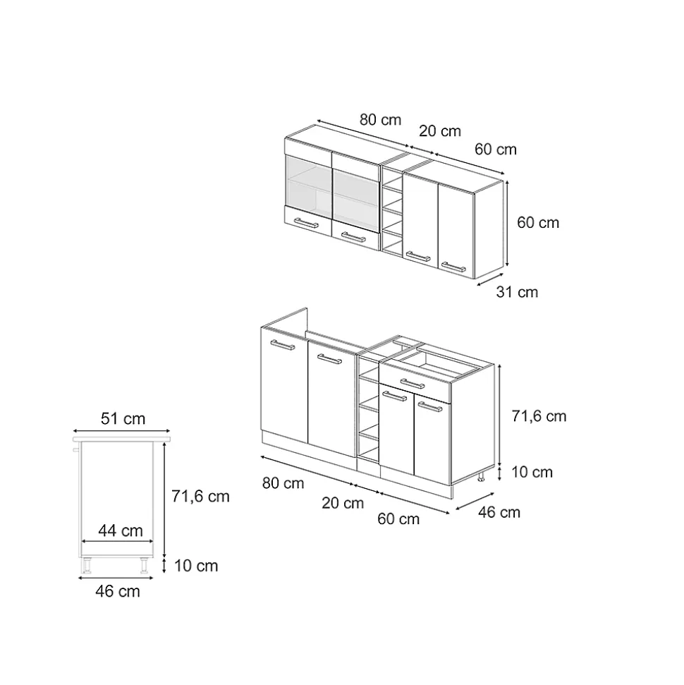 Vicco Cuisine Anthracite Campagne/Chêne doré 160cm , PT Chêne