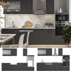 Vicco Cuisine Anthracite maison de campagne/blanc 300cm avec armoire haute, PT Chêne