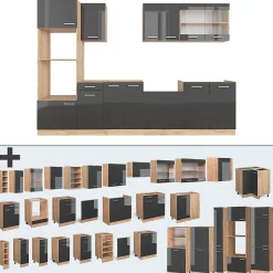 Vicco Cuisine Anthracite brillant/Chêne doré 300cm avec armoire haute, PT Chêne