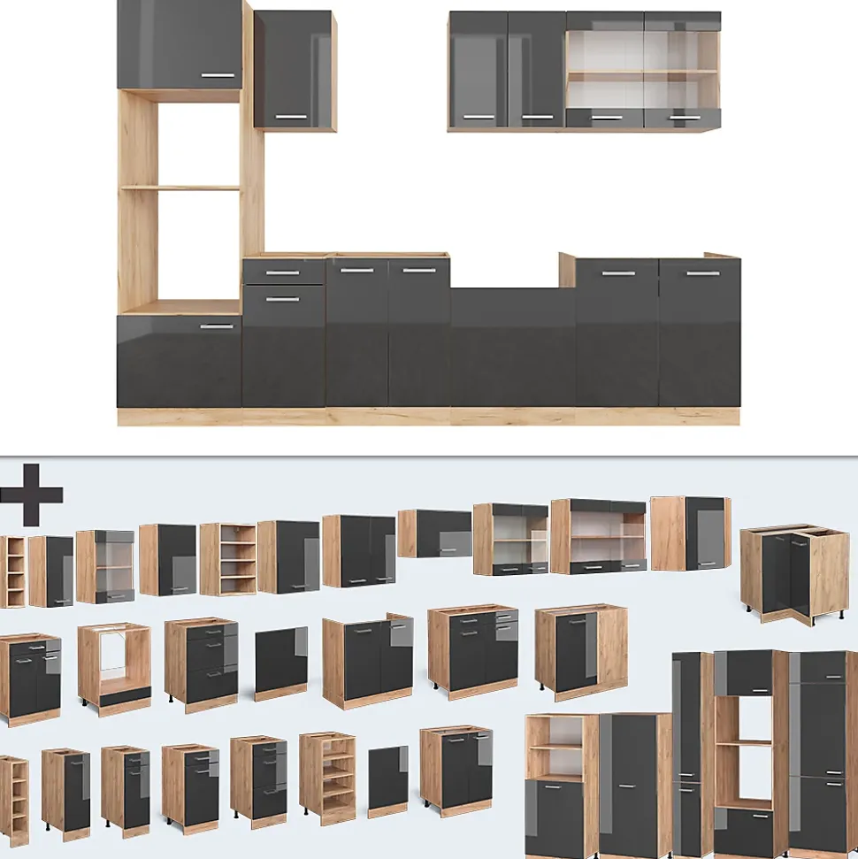 Vicco Cuisine Anthracite brillant/Chêne doré 300cm avec armoire haute, PT Chêne