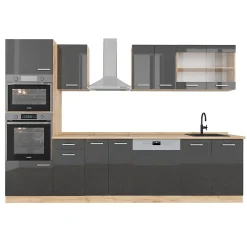 Vicco Cuisine Anthracite brillant/Chêne doré 300cm avec armoire haute, PT Chêne