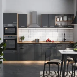 Vicco Cuisine Anthracite brillant/Chêne doré 300cm avec armoire haute, PT Chêne