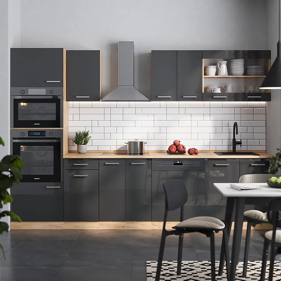 Vicco Cuisine Anthracite brillant/Chêne doré 300cm avec armoire haute, PT Chêne