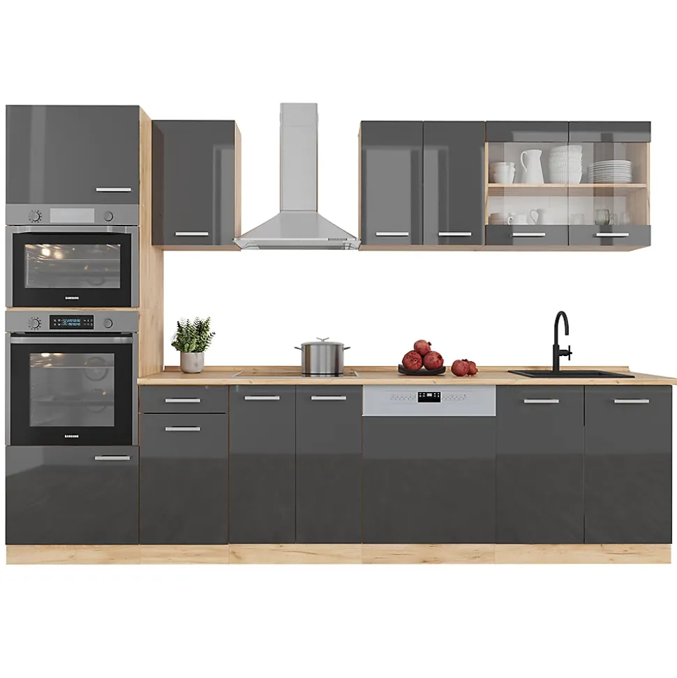 Vicco Cuisine Anthracite brillant/Chêne doré 300cm avec armoire haute, PT Chêne