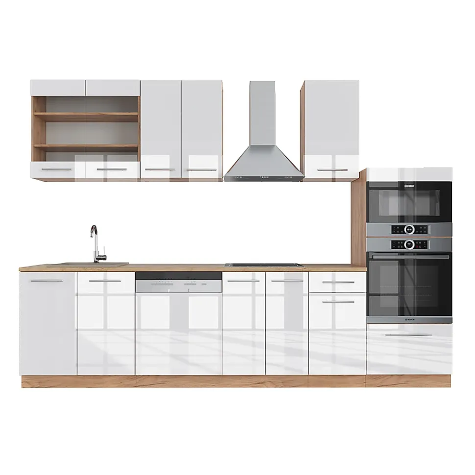 Vicco Cuisine Blanc brillant/Chêne doré 300cm avec armoire haute, sans PT