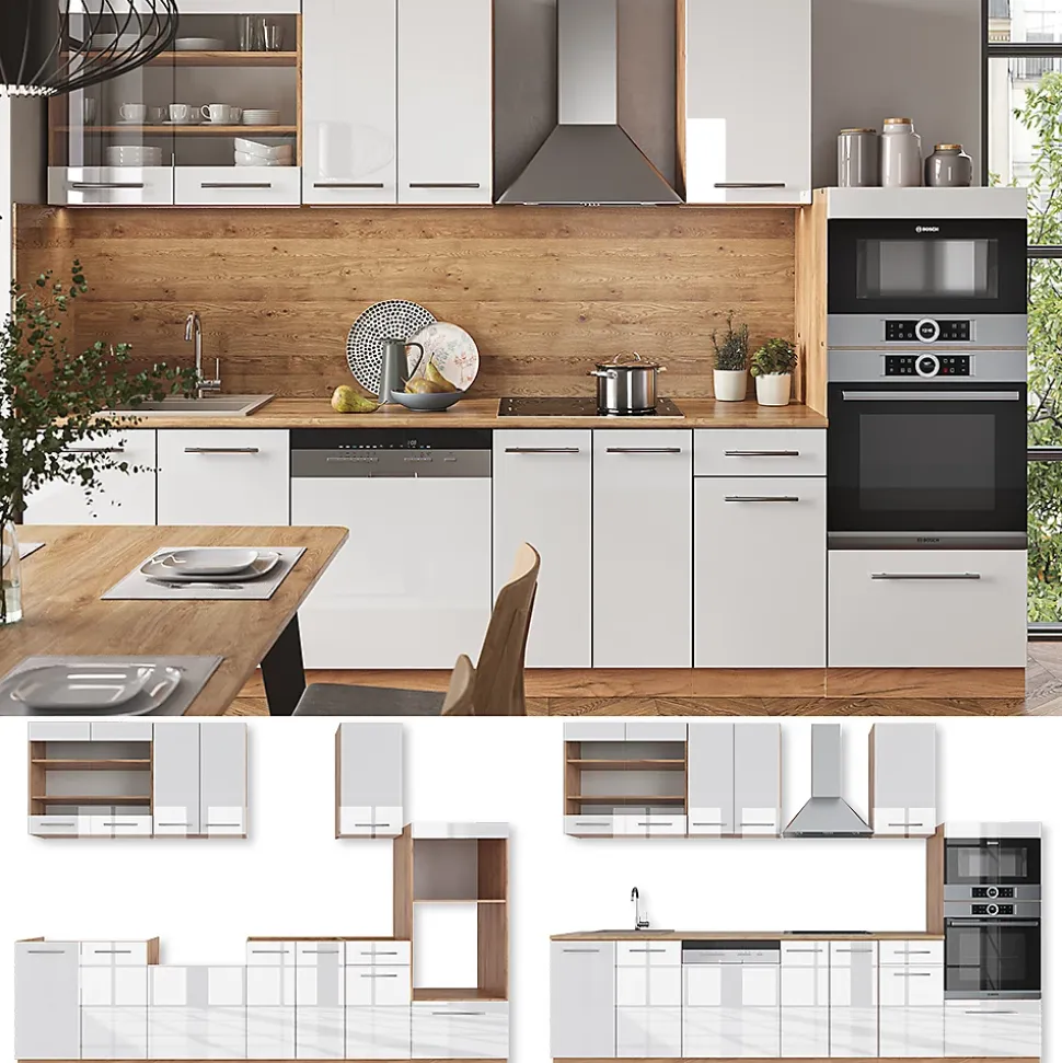 Vicco Cuisine Blanc brillant/Chêne doré 300cm avec armoire haute, sans PT