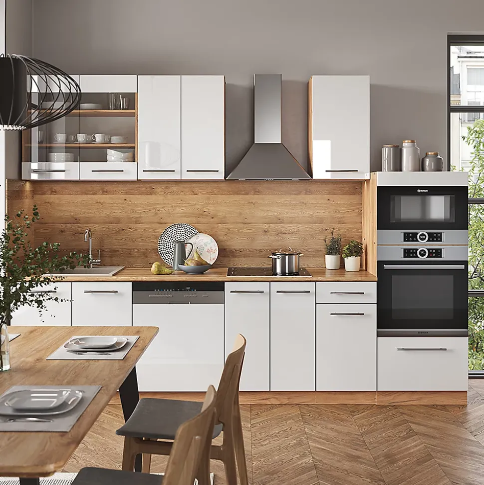 Vicco Cuisine Blanc brillant/Chêne doré 300cm avec armoire haute, sans PT