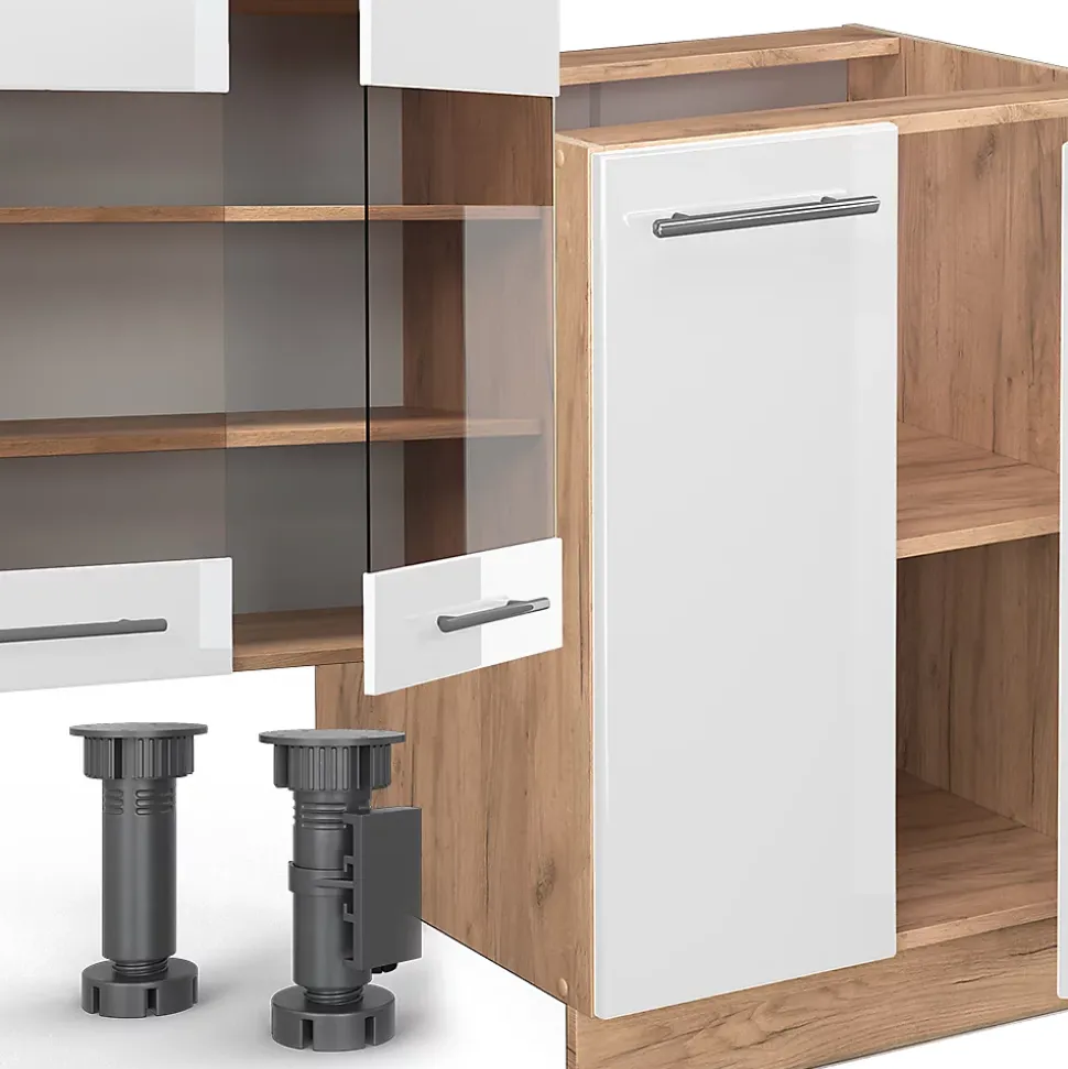 Vicco Cuisine Blanc brillant/Chêne doré 300cm avec armoire haute, sans PT