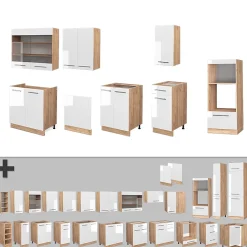 Vicco Cuisine Blanc brillant/Chêne doré 300cm avec armoire haute, sans PT