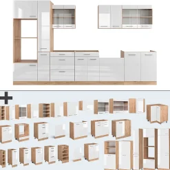 Vicco Cuisine Blanc brillant/Chêne doré 350cm avec armoire haute, sans PT