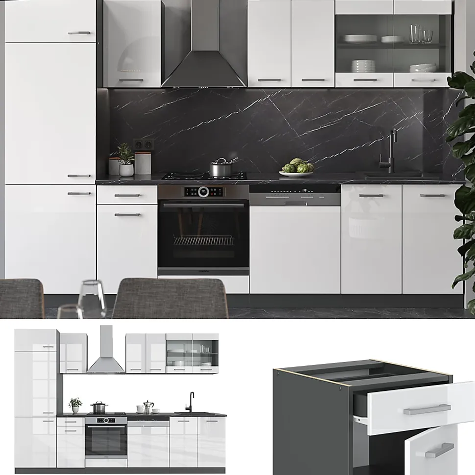 Vicco Cuisine Blanc brillant/Anthracite 300cm sans PT