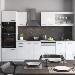 Vicco Cuisine blanc brillant/blanc 300cm avec armoire haute, PT Chêne