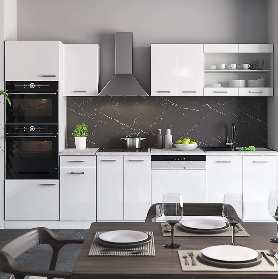 Vicco Cuisine blanc brillant/blanc 300cm avec armoire haute, PT Chêne