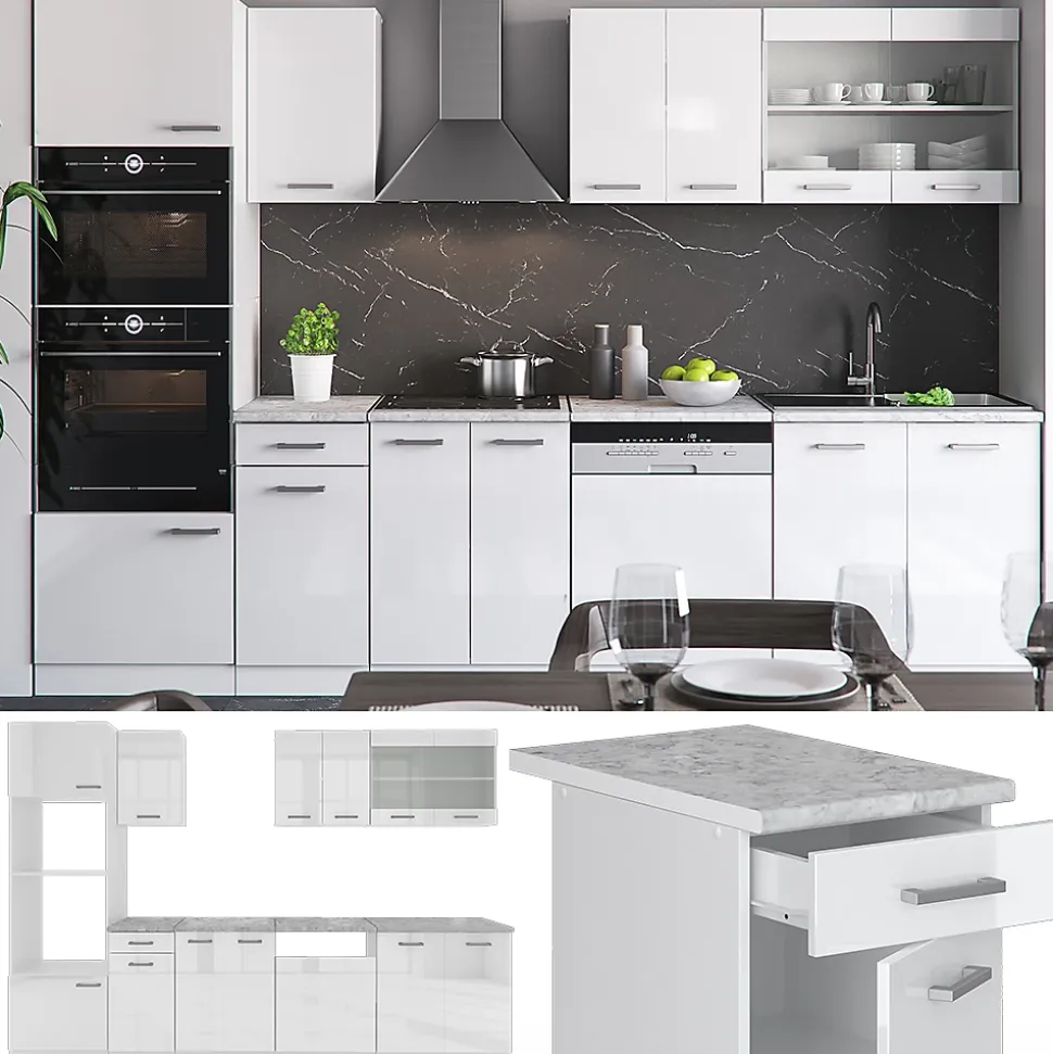 Vicco Cuisine blanc brillant/blanc 300cm avec armoire haute, PT Chêne