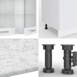 Vicco Cuisine blanc brillant/blanc 300cm avec armoire haute, PT Chêne