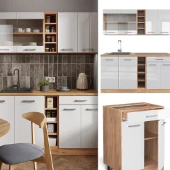 Vicco Cuisine Blanc brillant/Chêne doré 160cm , PT Chêne