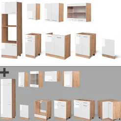 Vicco Cuisine Blanc brillant/Chêne doré 300cm avec armoire haute, PT Marbre