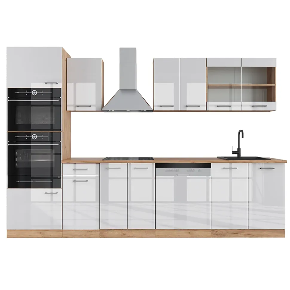 Vicco Cuisine Blanc brillant/Chêne doré 300cm avec armoire haute, PT Chêne