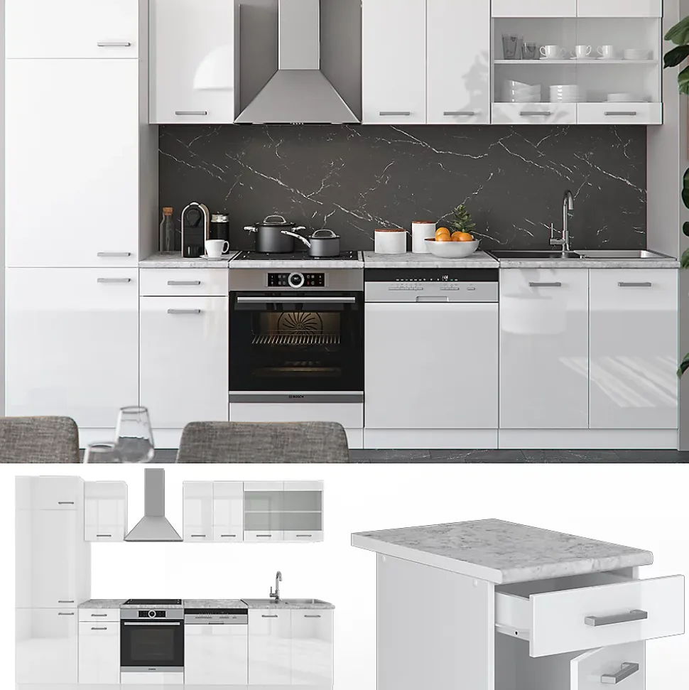 Vicco Cuisine blanc brillant/blanc 300cm , PT Anthracite