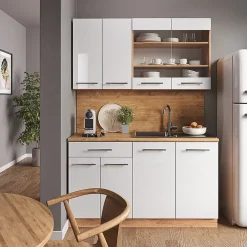 Vicco Cuisine Blanc brillant/Chêne doré 140cm , PT Chêne